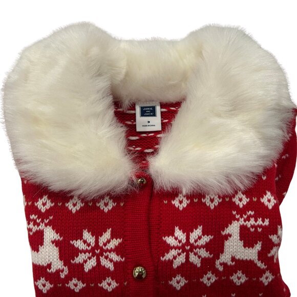 Janie and Jack Christmas Sweater Red White Gold Buttons Faux Fur Collar Size 3T - Picture 4 of 6